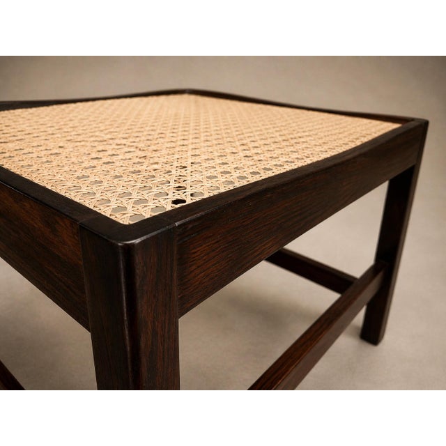 Pair of Brazilian Modern Stools in Rosewood, Cane, and Olive Mohair Cushions — Liceu De Artes, 1960s For Sale - Image 4 of 18