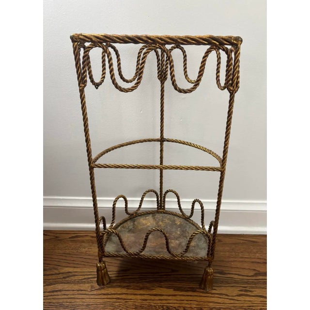 Mid Twentieth Century Hollywood Regency Twisted Metal Rope and Tassel Petite Demilune Three Shelf Table For Sale - Image 6 of 8