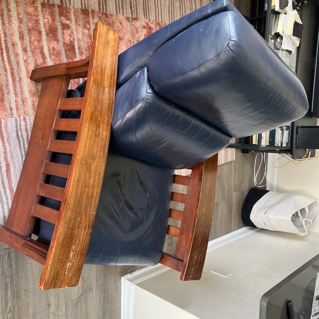 Ethan Allen Mission Style All Leather Blue Push Back Manual Recliner Chair Chairish