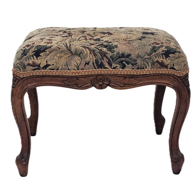 Antique French Walnut Ottoman Footstool W/ Floral Carving & Cabriole Legs 1910s For Sale - Image 13 of 16