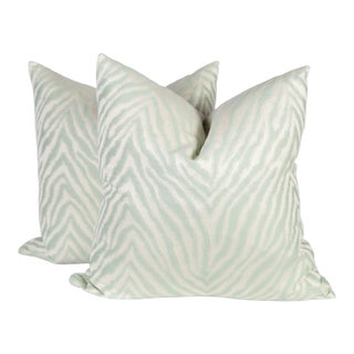 Light Green Sateen Zebra Pillow Covers, a Pair For Sale
