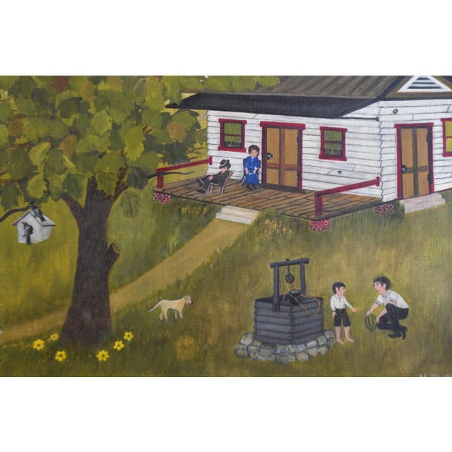 1970s Folk Art Farmhouse Landscape Scene Framed Oil on Canvas by H. Burger For Sale - Image 4 of 10