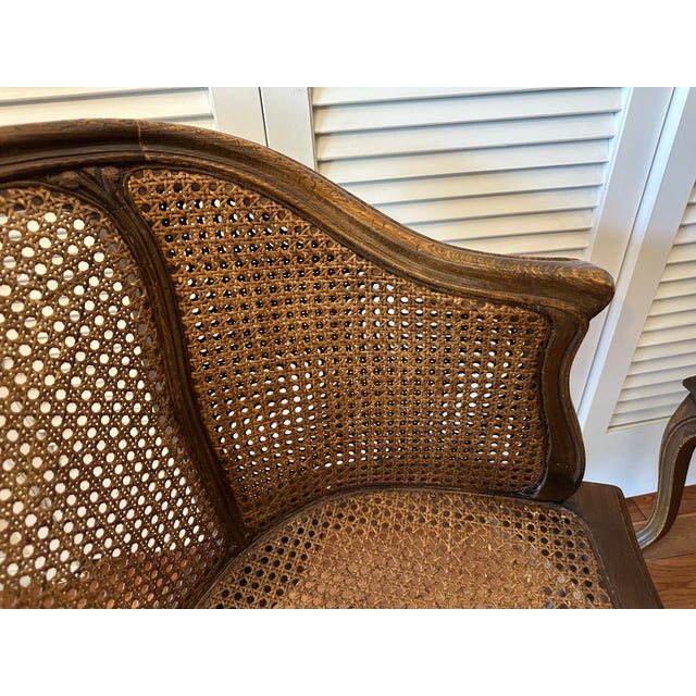 Brown Vintage French Louis XV Style Carved Wood With Cane Arm Chairs a-Pair For Sale - Image 8 of 16