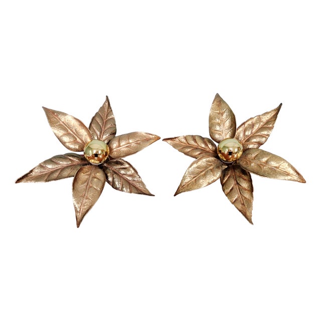 Floral Brass Wall Sconces by Willy Daro for Massive, 1970, Set of 2 For Sale