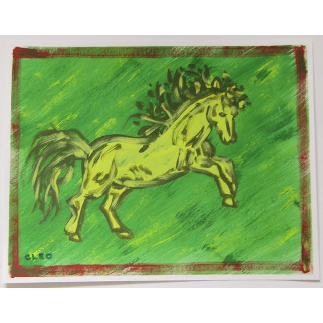 Expressionist horse a la Matisse, over a wash of textured shades of green. Abstract landscape in muted colors of olive...