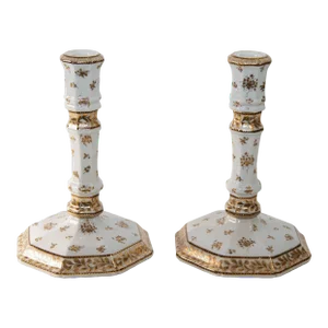 United Wilson Georgian Style Enameled Porcelain Gilded Candlesticks a Pair