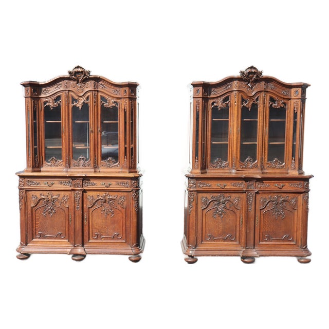 Extremely Rare Pair of Carved Oak Louis XIV Style French Oak Vitrines C1890 For Sale