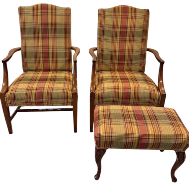 1970s Discover a Stunning Rare Vintage Pair of High-Back Armchairs & Ottoman by Ethan Allen For Sale - Image 5 of 12