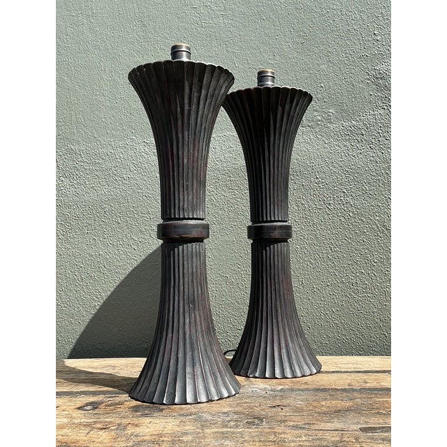 Vintage Patinated Fluted Metal Lamps - A Pair For Sale - Image 4 of 12
