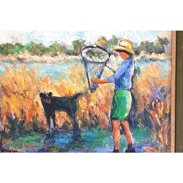 This is an original oil painting landscape marsh seascape of a boy and his dog in the marsh. Impressionistic style...