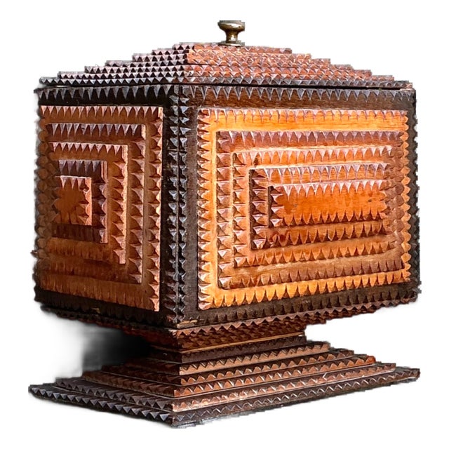 Vintage Tramp Art Wood Box on Pedestal For Sale