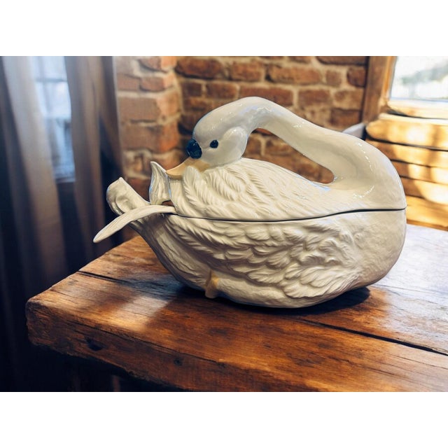 1970s Large Cream Painted Ceramic Covered Swan Tureen With Feather Ladle For Sale - Image 4 of 4