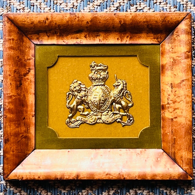 Vintage Framed English Brass Royal Coat of Arms in Burlwood Frame With Green Velvet Mat For Sale - Image 10 of 16