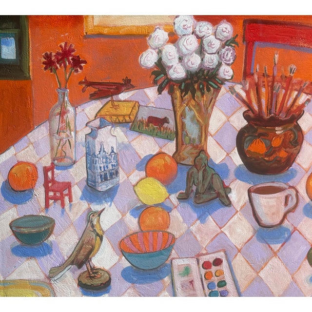 Textile Large Oil Interior With Still Life Table Hartman For Sale - Image 7 of 7