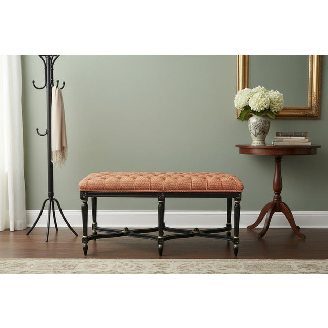 1960s Louis XVI Style Ebonized Bench With Tufted Coral Jacquard Upholstery For Sale - Image 9 of 12