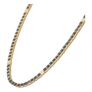 15.5 Carat Square Cut Blue Sapphire Tennis Necklace in 18k Solid Gold For Sale