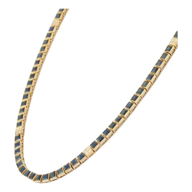 15.5 Carat Square Cut Blue Sapphire Tennis Necklace in 18k Solid Gold For Sale