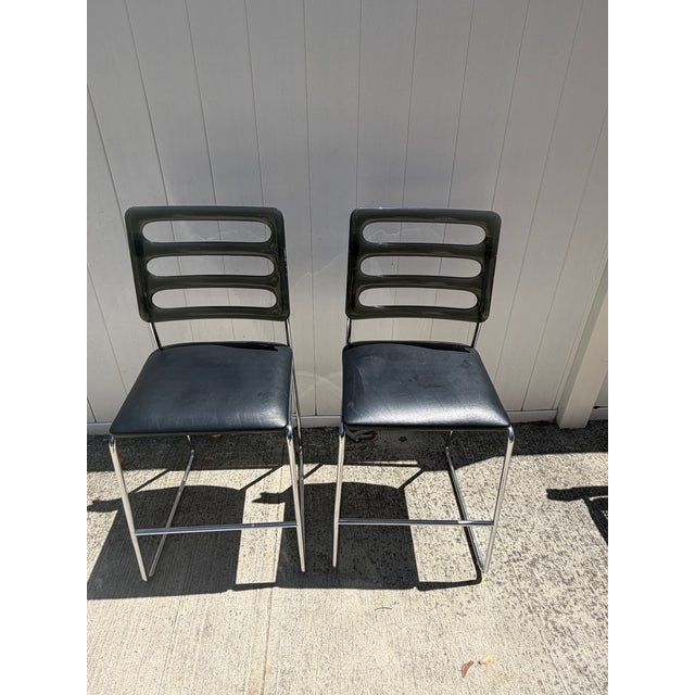 Chrome Vintage 1970s Chrome and Black Vinyl Bar Stools – Pair For Sale - Image 8 of 9