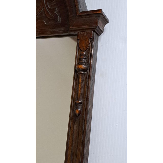 Antique 1910s Carved Oak Wall Mirror Arched Top Floral Wood Stamped #2375 32x17 For Sale In West Palm - Image 6 of 12