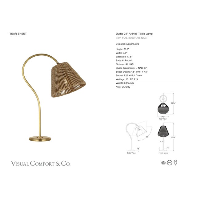 Amber Lewis by Visual Comfort Signature Dume 24" Arched Table Lamp in Hand-Rubbed Antique Brass with Natural Abaca Shade...