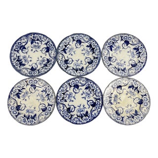 19th Century Flora Earthenware Dessert Plates in Blue from Creil and Montereau, Set of 6 For Sale