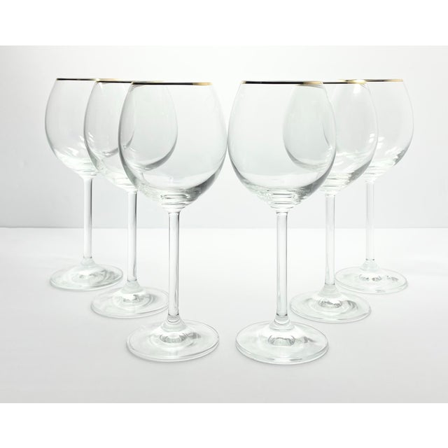 1990s Vintage Set of 6 Gold Rim Wine Glasses 8 1/2” 12oz Contemporary Minimalist Good vintage condition. No chips, cracks,...