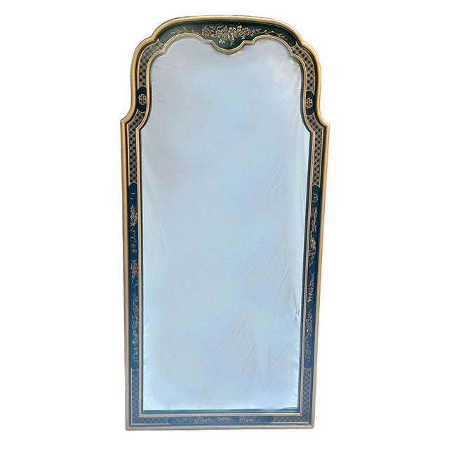 1970's Drexel Heritage Chinoiserie Black and Gold Hand Painted Wall Mirror For Sale - Image 12 of 14