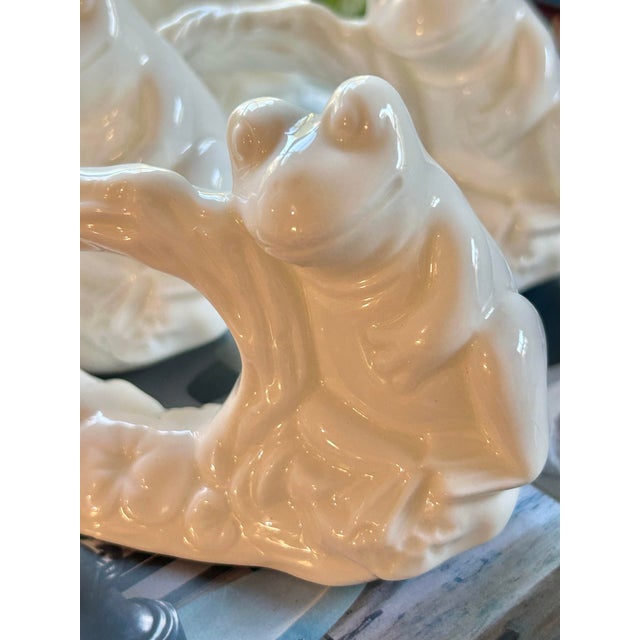 1970s Vintage White Porcelain Frog Motif Napkin Rings From Dh Holmes New Orleans- A Set of 6 For Sale - Image 5 of 9
