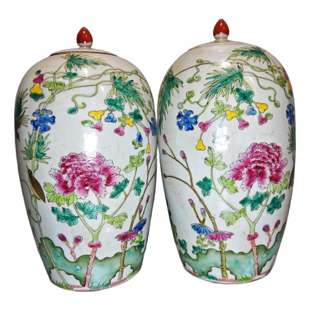 Vintage Chinoiserie Famille Rose Floral & Bird Lidded Jars - A Pair For Sale