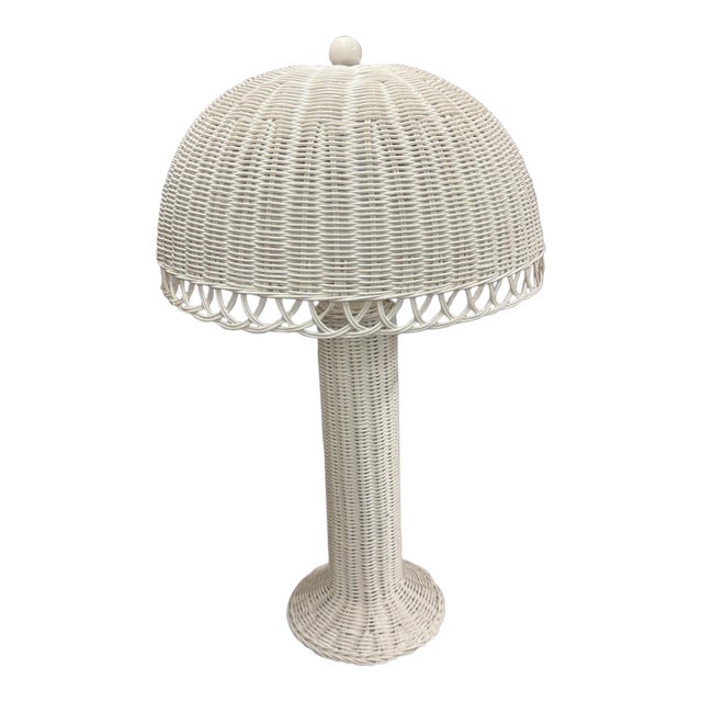 Vintage White Wicker Rattan Table Lamp Coastal Cottage Boho Hollywood Regency For Sale