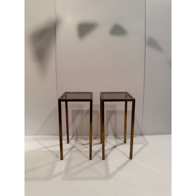 Midcentury Modern Tall Aged Brass & Smokey Glass End Tables or Stands -a Pair For Sale - Image 11 of 14