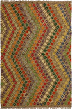 1990s Abstract Brown/Green Hand-Woven Kilim Wool Rug -5'3 X 6'7