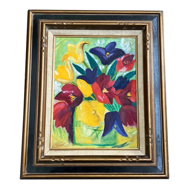 1970’s Original Folk Art Floral Still Life Painting and in Vintage Frame For Sale