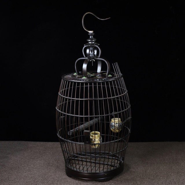 Traditional Vintage Hardwood Birdcage With Mother-of-Pearl Inlay and Porcelain Cups For Sale - Image 3 of 9