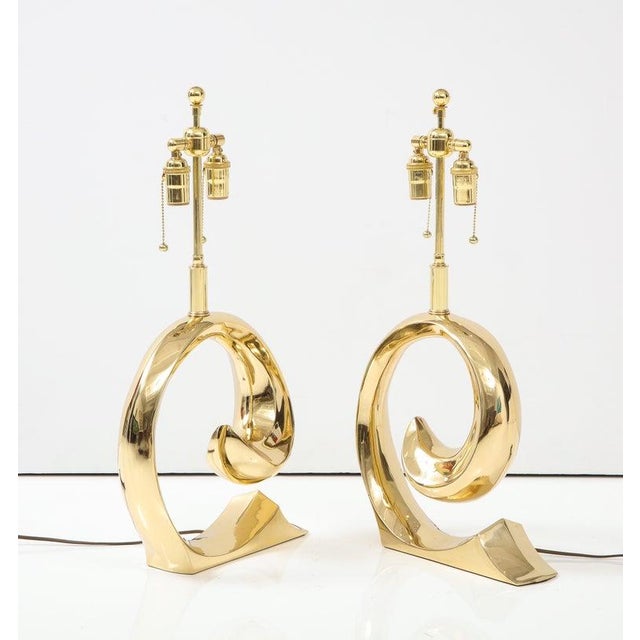 Erwin Lambeth Pair of Polished Brass Pierre Cardin Logo Lamps by Erwin Lambeth For Sale - Image 4 of 10