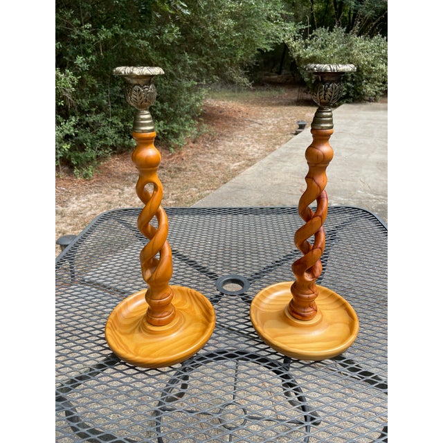 Vintage English Oak Open Barley Twist Candlesticks - A Pair For Sale - Image 13 of 15