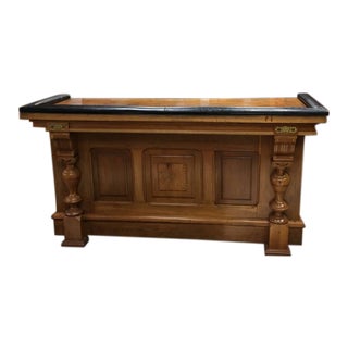 Antique Hand Carved Wooden Serving Bar with Leather Border For Sale