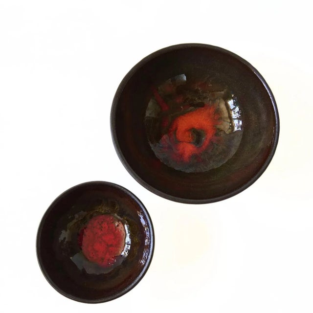 Vintage 1960s two Ceramic bowls with red/orange glaze inside. from LEHMANN Denmar 1960-70s. Set of two.