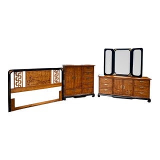 Vintage Bassett “Lotus Garden” Ebony & Pecan Bedroom Suite For Sale
