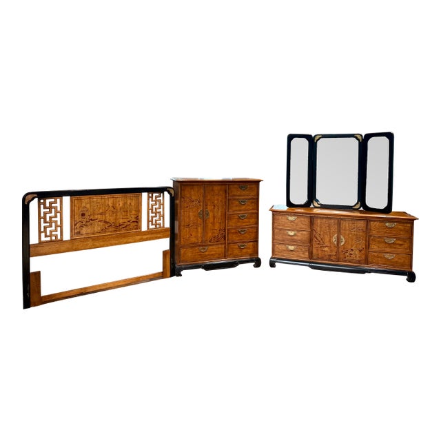 Vintage Bassett “Lotus Garden” Ebony & Pecan Bedroom Suite For Sale