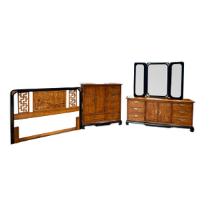 Vintage Bassett “Lotus Garden” Ebony & Pecan Bedroom Suite