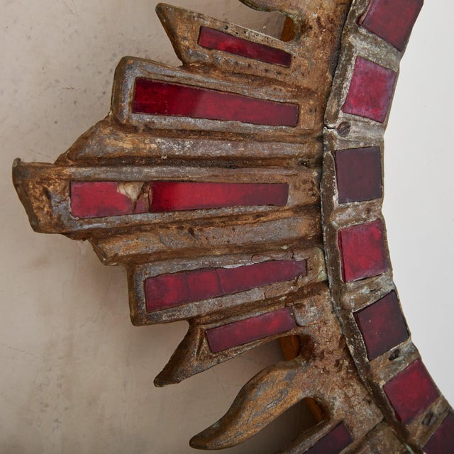 Metal French Sunburst Wall Mirror with Red Talosel Inlay by Irena Jaworska, 1960s For Sale - Image 7 of 10
