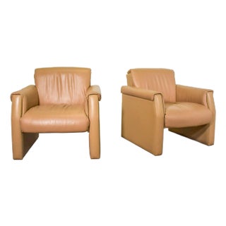 Post Modern Slab Sided Tan Leather Club Chairs - a Pair For Sale