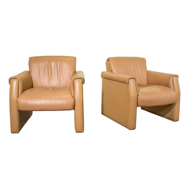 Post Modern Slab Sided Tan Leather Club Chairs - a Pair For Sale
