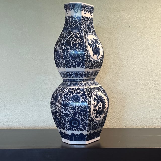 Wood Large 20.5" Heavy Blue & White Double Gourd Dragon Vase - Excellent Condition For Sale - Image 7 of 8