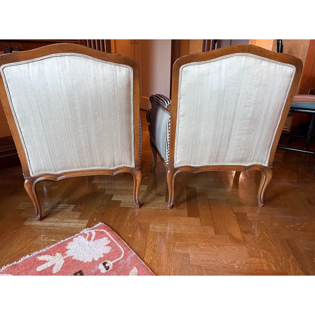 Late 20th Century Pair of Louis XV-style Brown and White Silk Striped Upholstered Armchairs / Bergeres For Sale - Image 5 of 5
