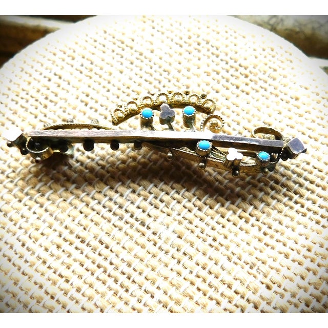 Metal Antique Etruscan Revival 10k Gold Openwork Brooch Pin, Turquoise Stones For Sale - Image 7 of 12