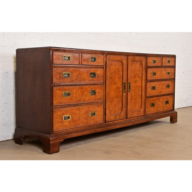 Mid-Century Modern Century Furniture Mid-Century Hollywood Regency Campaign Burl Wood Triple Dresser or Credenza, Circa 1970s For Sale - Image 3 of 13