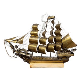 Mid 20th Century Venetian Brass Four-Masted Model Ship with Detailed Décor, Mounted on Base For Sale