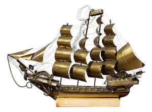 Mid 20th Century Venetian Brass Four-Masted Model Ship with Detailed Décor, Mounted on Base